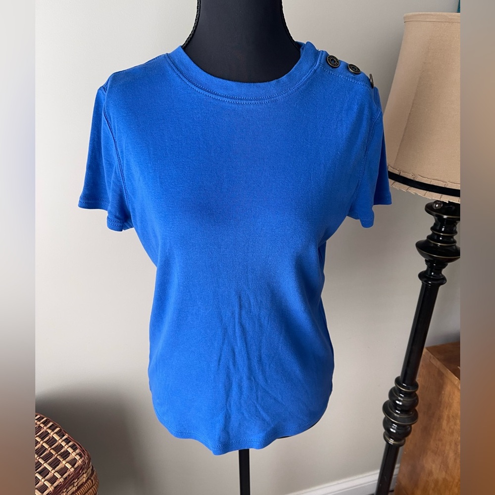 Lauren Ralph Lauren Cobalt Blue Button Shoulder Tee Shirt Medium